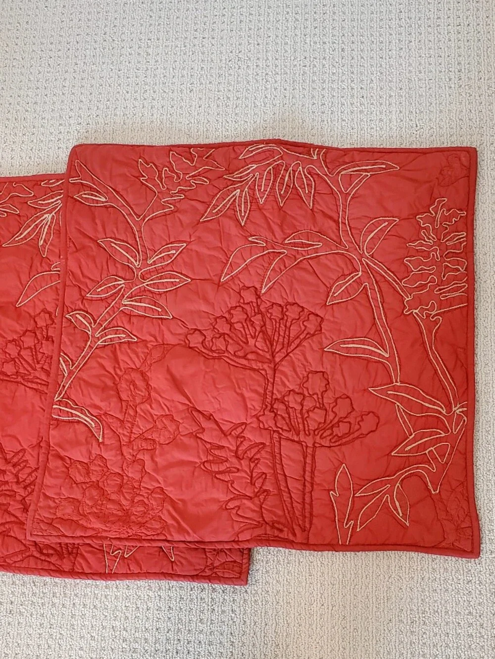 3 Pottery Barn Brick/Tan Organic Cotton Crewel Leaf Botanical Quilted Euro Shams